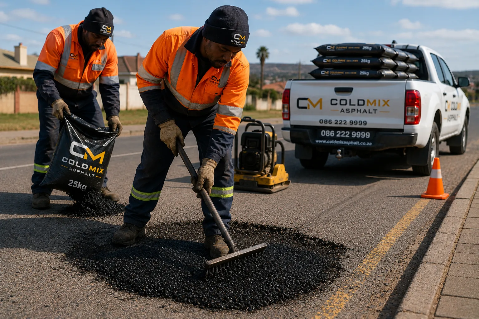 Cold Mix Asphalt bulk delivery — CM Asphalt branded team spreading asphalt on South African road, branded bakkie with 25kg bags in background
